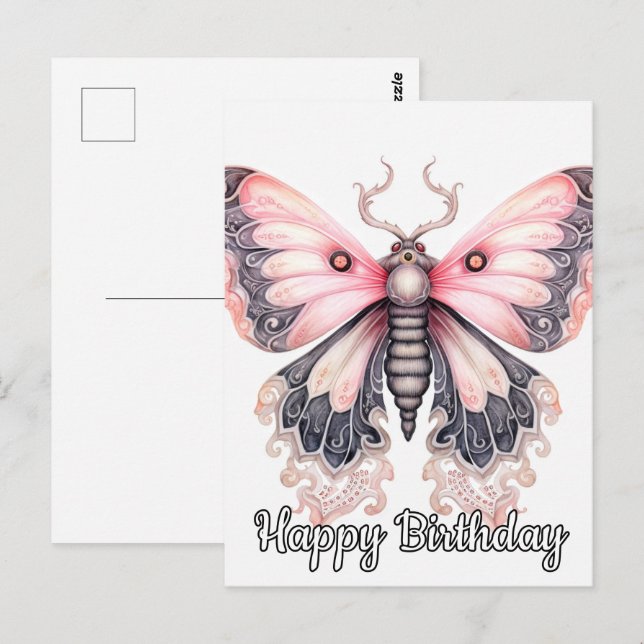 Postal Arte de mariposa descansando feliz cumpleaños (Anverso / Reverso)