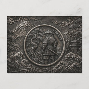 Postal Arte de moneda grabada Samurái Hobo Nickel