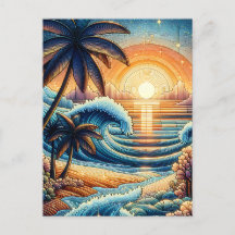 Arte de Mosaico Ai | Atardecer en el Océano y Palm
