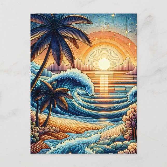 Postal Arte de Mosaico Ai | Atardecer en el Océano y Palm (Anverso)
