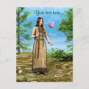 Postal Arte de mujer nativa americana bosque pájaro