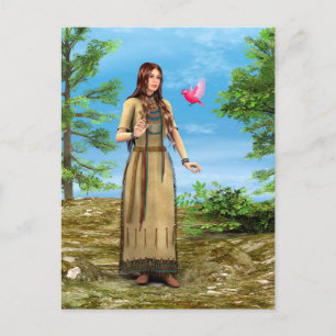 Postal Arte de mujer nativa americana bosque pájaro