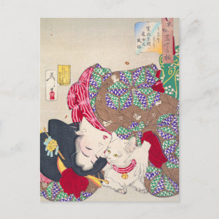 Postal Arte de mujeres y gatos japoneses - Taiso Yoshitos