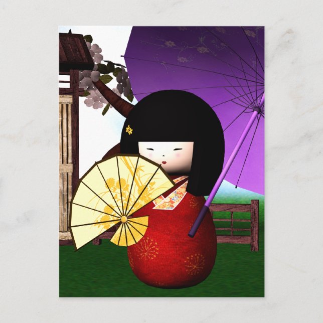 Postal Arte de muñecas de Kokeshi Rojo (Anverso)