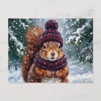 Postal Arte de Navidad de Ardilla Roja Invernal Rústica