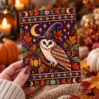 Postal Arte de Otoño de Halloween de Búho de Bruja Tejido