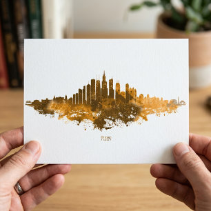 Postal Arte de paisaje urbano naranja acuarela del horizo