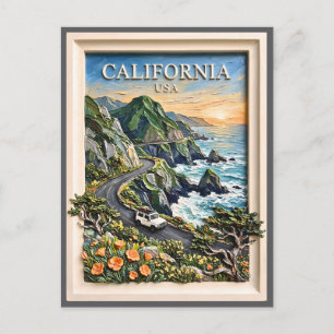 Postal Arte de paisaje vintage de viaje por la costa de C