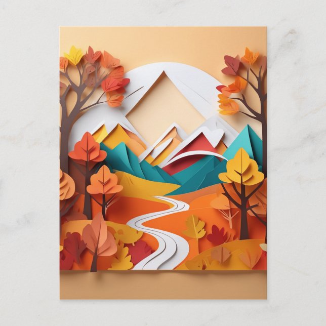 Postal Arte de papel 3d, Paisaje en temporada de otoño en (Anverso)