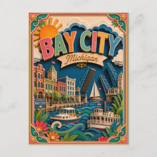 Postal Arte de papel de Bay City Michigan PopCut States