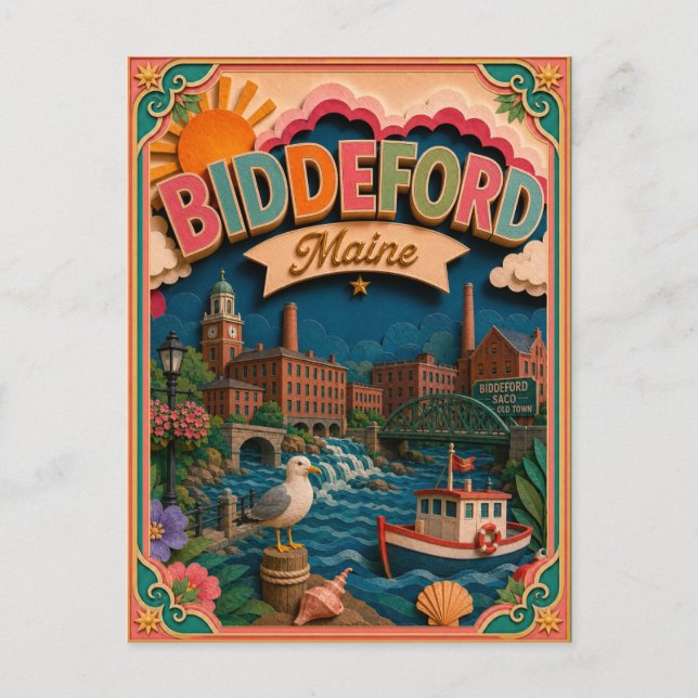 Postal Arte de papel de Biddeford Maine PopCut States (Anverso)