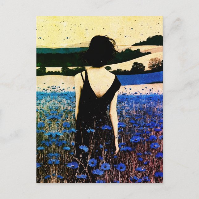 Postal Arte de pared de campo de flores silvestres azules (Anverso)