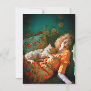 Postal Arte de Pared de Mujer y Gato Vintage – Floral Rom