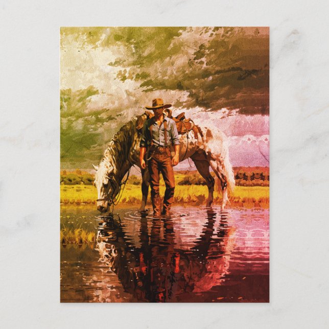 Postal Arte de pared de reflexión de vaquero y caballo –  (Anverso)