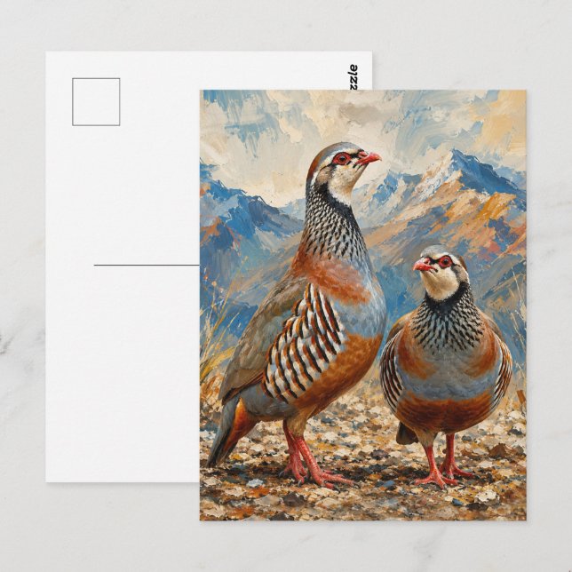 Postal Arte de pareja de perdiz chucar  (Anverso / Reverso)