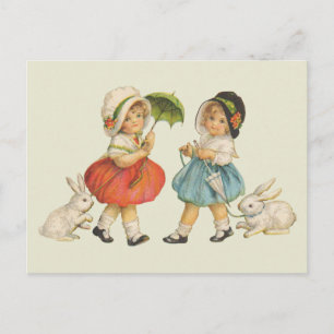 Postal Arte de Pascua Antiguo Conejo Infantil