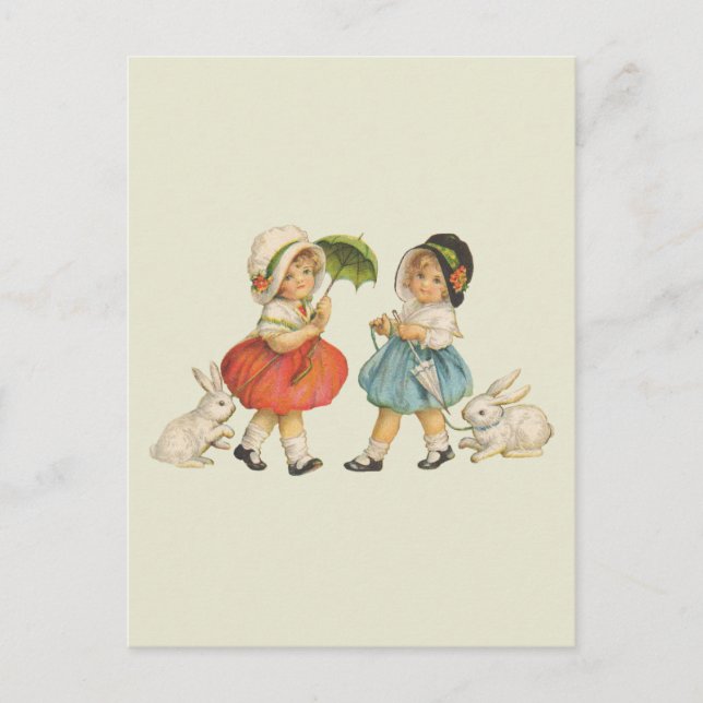 Postal Arte de Pascua Antiguo Conejo Infantil (Anverso)