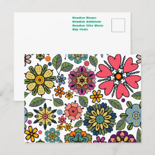 Postal Arte de Patrón Continuo de Dibujo Floral Retro Mod