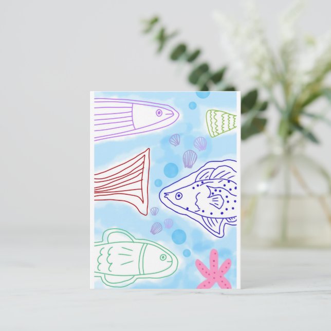 Postal Arte de peces junto al mar (Anverso de pie)