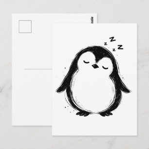 Postal Arte de Pingüino Dormido con Trazos de Tinta Negra