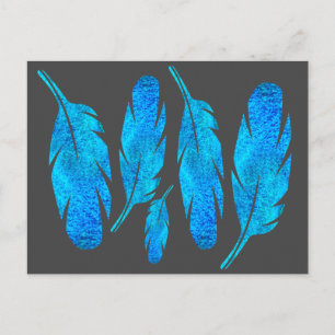 Postal Arte de plumas de color azul boho acuático