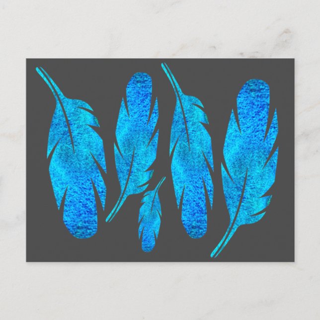 Postal Arte de plumas de color azul boho acuático (Anverso)