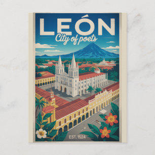 Postal Arte de póster de viaje retro de León Nicaragua