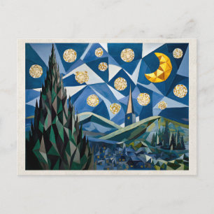 Postal Arte de remix de IA Cubismo Paisaje nocturno