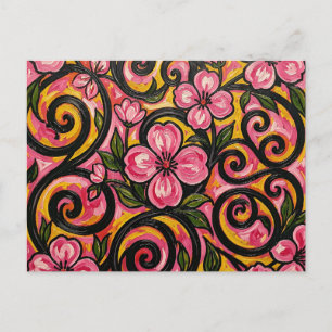 Postal Arte de remolino floral rosa vibrante