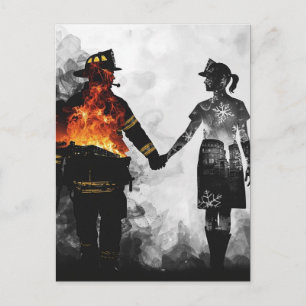 Postal Arte de silueta de pareja de bombero y enfermera