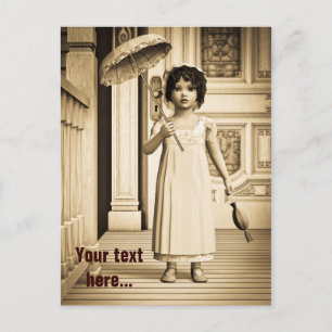 Postal Arte de sombrilla de niña vintage sepia