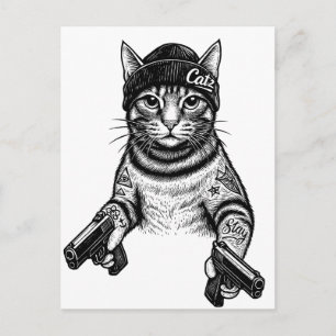 Postal Arte de tatuaje de gato gánster   Kitty de moda ca