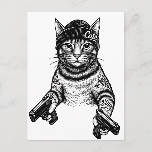 Postal Arte de tatuaje de gato gánster | Kitty de moda ca (Anverso)