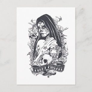 Postal Arte de tatuaje de mujer calavera azucarada gótica