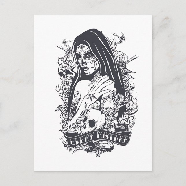 Postal Arte de tatuaje de mujer calavera azucarada gótica (Anverso)