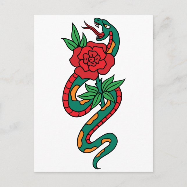 Postal Arte de tatuaje de rosa roja con serpiente enrolla (Anverso)