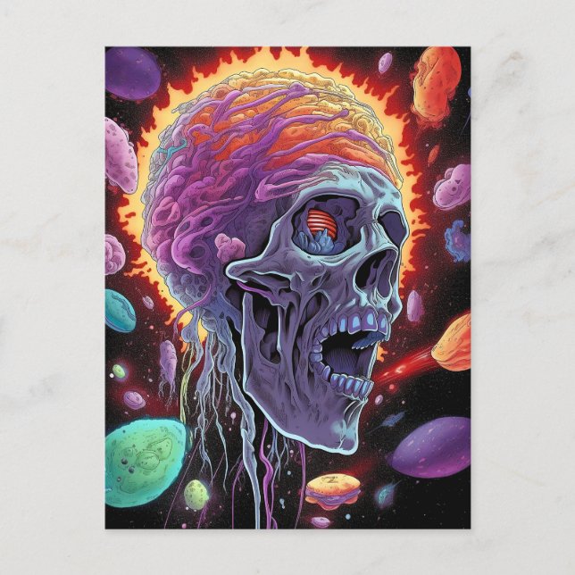 Postal Arte de terror de ciencia ficción de Zombie Skull (Anverso)