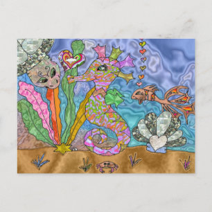 Postal Arte de tortuga marina caballito de mar psicodélic