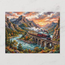 Postal Arte de tren de vapor rojo cruzando el cañón del r
