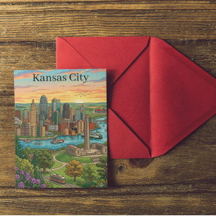 Postal Arte de viaje de la silueta de Kansas City vintage