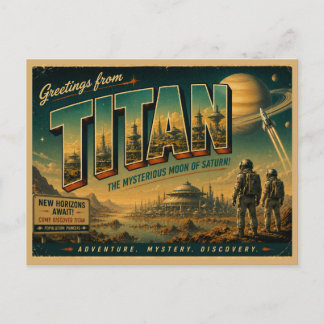 Postal Arte de viaje espacial vintage de Saturno y la Lun