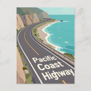 Postal Arte de viaje gráfico de la autopista de la costa 