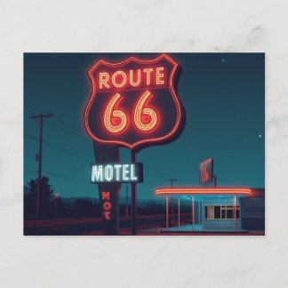 Postal Arte de viaje nocturno del Motel Neon Ruta 66