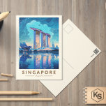 Postal Arte de viaje nocturno vintage de la bahía de Mari<br><div class="desc">Diseño de viaje vectorial retro de Singapur. Marina Bay es una zona de rascacielos,  hoteles de lujo y centros comerciales de lujo. Es conocida por la torre de observación de la noria Singapore Flyer y los conservatorios de flores y Supertrees coloridos de Gardens by the Bay.</div>