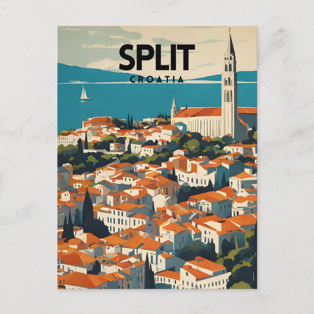 Postal Arte de viaje nostálgico de Split Croacia (Anverso)
