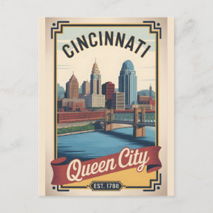 Postal Arte de viaje retro de Cincinnati Ohio Ciudad de l