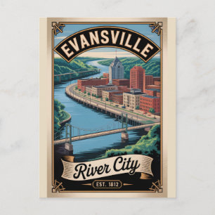 Postal Arte de viaje retro de Evansville Indiana Vintage
