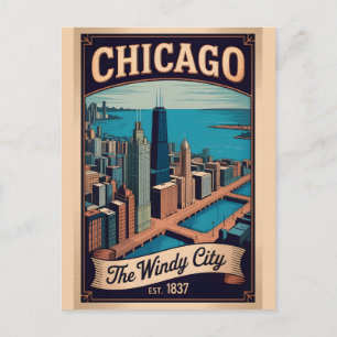 Postal Arte de viaje retro de la ciudad ventosa de Chicag