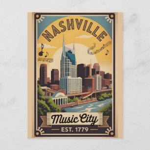 Postal Arte de viaje retro de Nashville Tennessee Music C