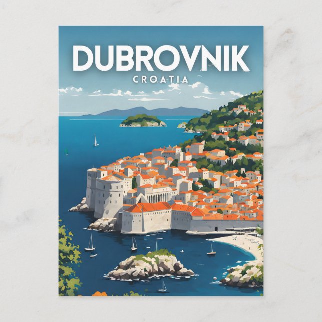 Postal Arte de viaje retro nostálgico de Dubrovnik (Anverso)